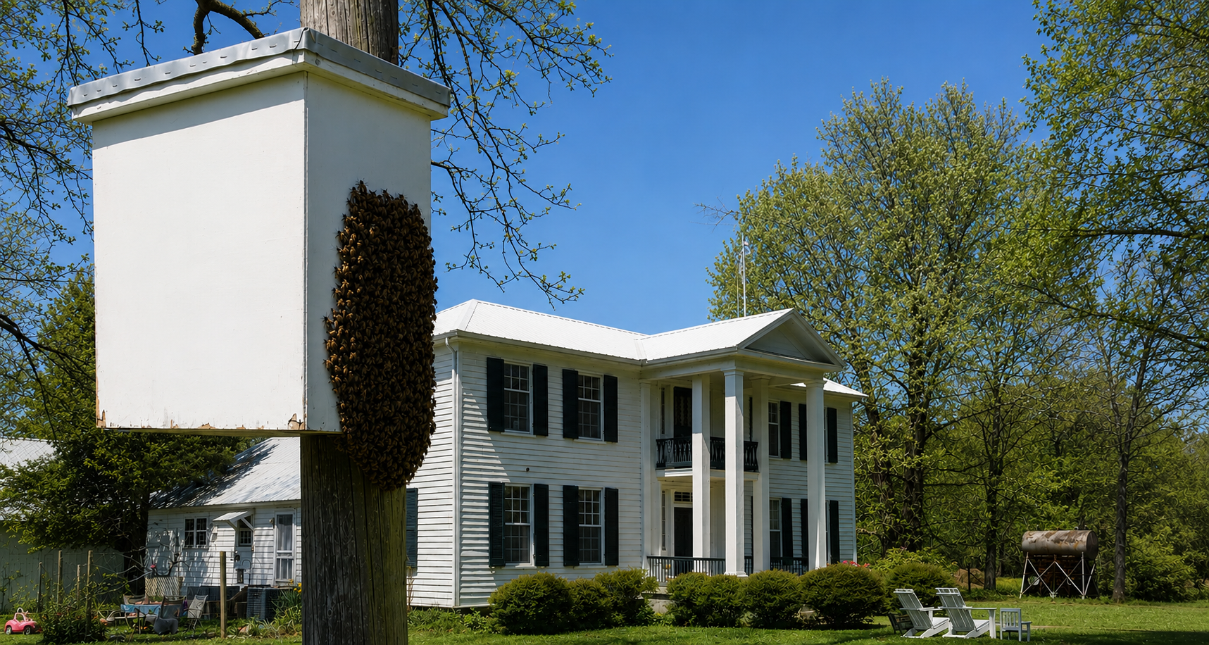 White bee house with honeycomb attached to a tree in front of a white house with black shutters.